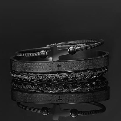 WFYOU 3PCS Stainless Steel Imperial Crown Bracelets for Men Gold Roman Numeral Bangle Bracelet Adjustable Cuff Bracelet Mens Luxury Jewelry Gifts - style: 05:Black-Cross