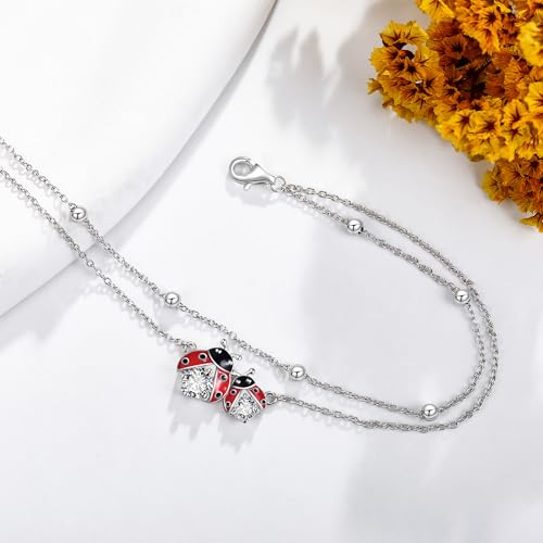 POPLYKE Frog/Pearl/Dragonfly/Ladybug/Highland Cow/Pearl/Moonstone Anklets Sterling Silver Double Layered Chain Beach Anklets for Women Foot Jewelry - style: Ladybug Anklets