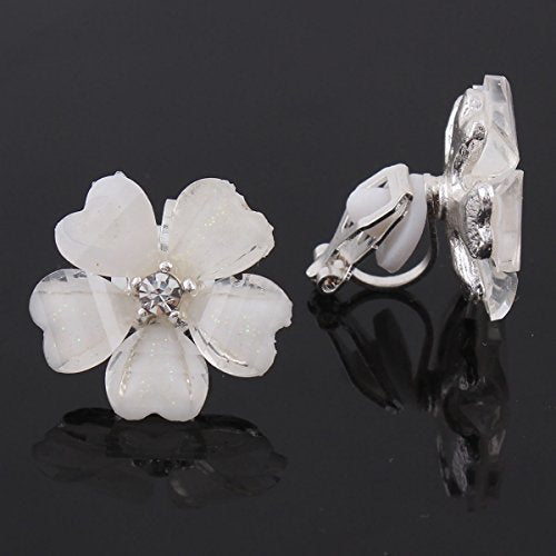 Silver Plated or Gold Plated Opal Flower Shape Clip on Earrings Non Piercing for Women - color: Silver