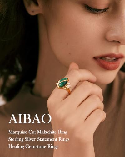 AIBAO Marquise Turquoise/Malachite Engagement Wedding Rings for Women | Sterling Silver Turquoise/ Malachite Statement Rings for Women Size 6 to 10 Western Jewelry - style: Malachite