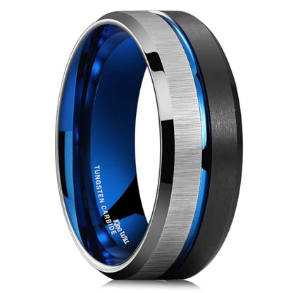 King Will Mens Tungsten Carbide Wedding Band with Groove Design | 6/7/8mm Width, Grooved, Comfort Fit, Everyday Wear - color: Silve&Black&Blue-8mm