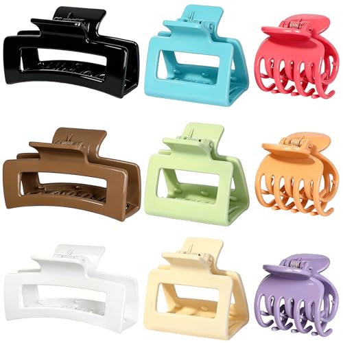 CHANDAT Medium Small Hair Clips for Women - 3Styles, 9PCS - Gloss Colorful | Rectangle Hair Clips for Thick Hair, Square Claw Clips for Thin Hair, Non-Slip Strong Hold, Matte Hair Accessories - color: Gloss Colorful