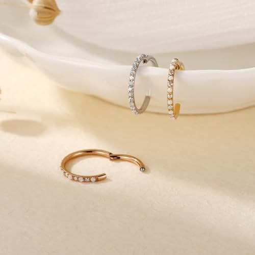 FUNLMO 20G 18G 16G 12G Nose Ring Hoop Conch Rook Daith Helix Tragus Piercing Jewelry 316L Surgical Steel Cartilage Earring Conch Hoop Earring Septum Jewelry Belly Lip Ring 5mm to 14mm - color: Rose gold-ab CZ&Opal, 1pc