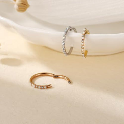 FUNLMO 20G 18G 16G 12G Nose Ring Hoop Conch Rook Daith Helix Tragus Piercing Jewelry 316L Surgical Steel Cartilage Earring Conch Hoop Earring Septum Jewelry Belly Lip Ring 5mm to 14mm - color: Silver-ab CZ&Opal, 1pc
