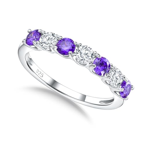 3.5mm Stackable Rings S925 Sterling Silver Created Birthstone & Cubic Zirconia Ring for Women Wedding Bands Anniversary Birthday Jewelry Size 6 to 10(with Box) - color: 02-Created Amethyst & CZ-Feb