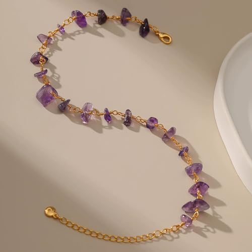 Ankle Bracelets for Women 18K Gold Plated Anklet for Women Gold Charm Anklet Waterproof Summer Beach Foot Chain Jewelry Gifts - style: raw amethyst anklet