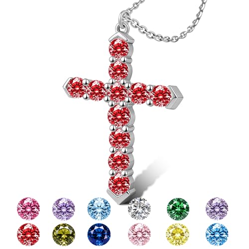 Cross Necklace for Women, Silver Cross Pendant Necklaces | 14K Gold Plated, Dainty CZ Cross Necklace, Non Tarnish and Hypoallergenic Jewelry for Women, Christian Religious Faith Gifts - color: 08-Silver-Red
