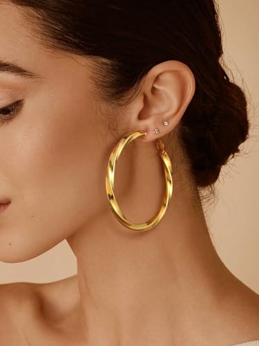 FindChic Twisted Hoop Earrings for Women, Silver/Black/14K Gold Plated Hypoallergenic Hollow Tube Rounded Loop Earrings, 30mm/40mm/60mm/80mm Hoops with Custom Name Options and Gift Box - color: c.Gold, size: 60MM