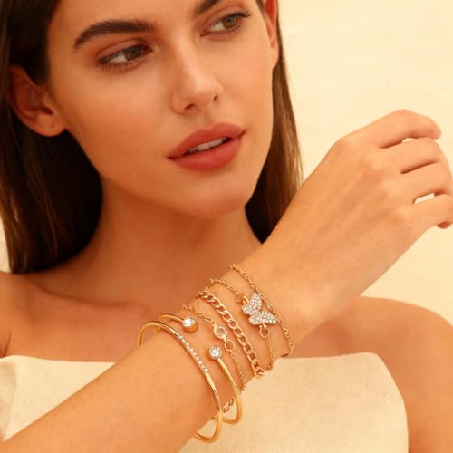 14K Gold Plated Bracelets Sets for Women Non Tarnish Stackable Bangles Dainty Tennis Cuban Paperclip Beaded Knot Rope Link Chain Cuff Trendy Jewelry for Wife Mom Anniversary Birthday Gifts