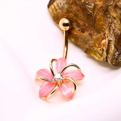 VERAMI 14G 316L Flower Belly Button Ring Surgical Steel Cute Flower Belly Button Ring Body Piercing Jewelry - color: Rose Glod-Pink