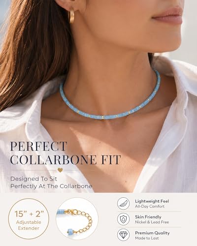 Natural Heishi Gemstone Choker Necklace for Women, Adjustable 15"+2" Beaded Layering Necklace, Coastal Beach Jewelry Gift for Her - color: Aquamarine