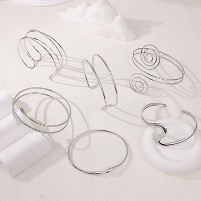 6 Pieces Upper Arm Cuff Arm Band Cuff Bangle Bracelet for Women Hammered Chunky Bracelets Open Wide Wire Bracelets Minimalist Coil Bangle Set Gold Sliver Wrist Cuff Wrap Bracelet Adjustable - color: Silver Cuff Bracelets C