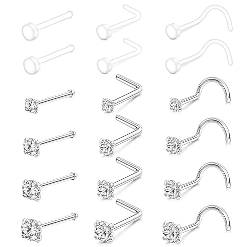 SEEDRILL 18Pcs Nose Rings Studs for Women Men 20G Clear Nose Studs piercing retainers Hypoallergenic 316L Surgical Steel Nose Piercings Jewelry Nose Ring L Shape Nose Stud 20 Gauge Nose Screw Studs - color: Silver