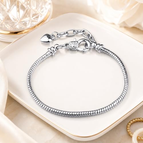 Stainless Steel Heart Charm Snake Chain Bracelet - Adjustable Silver Bangle for Women, Hypoallergenic Waterproof Jewelry Gift for Birthday, Anniversary, Valentine's Day - color: Silver White-B