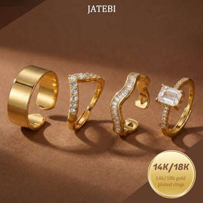 JATEBI Stackable Rings for Women 14K Gold Plated Kunckle Rings Set | Dainty Simple Trendy Adjustable Rings Perfect for Stacking Layering on Thumb and Knuckle 4 Pcs