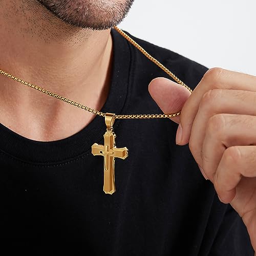 Men's Cross Necklace 316L Stainless Steel Large Heavy Cross Pendant for Men Polished Jewelry Rolo Chain with 22'' 24'' 26'' - color: B-yellow, size: 22 inch