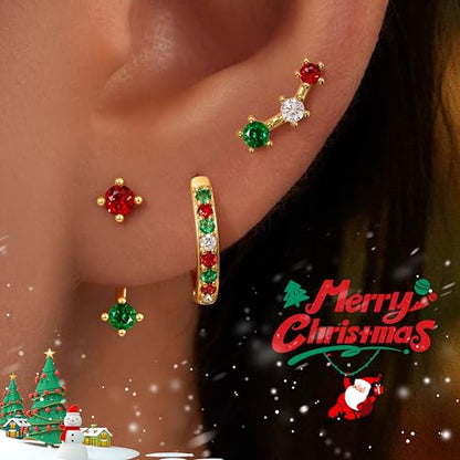 3 Pairs Dainty Small Earrings Set for Women Trendy, Birthstone Stud Huggie Hoop Jacket Stack for Cartilage Helix, Gold Plated Hypoallergenic Cute Women Fashion Accessories Western Jewelry Gifts - color: Christmas Earrings(Gold Red White Green)