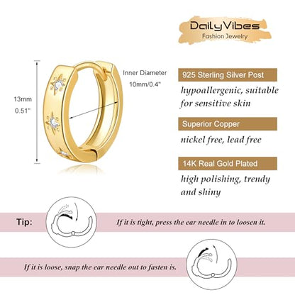 DAILY VIBES Dainty Small Star Huggie Hoop Earrings for Women Trendy | 925 Sterling Silver Post, 14K Gold or Silver Plated, Mini Cubic Zirconia, Cartilage Hoop Earrings - color: Gold Mini Star