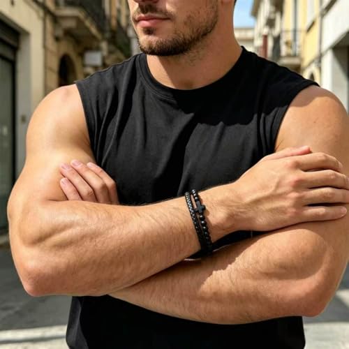 Italian Handmade Leather Bracelets for Men - color: Black Cross, size: 8.2"