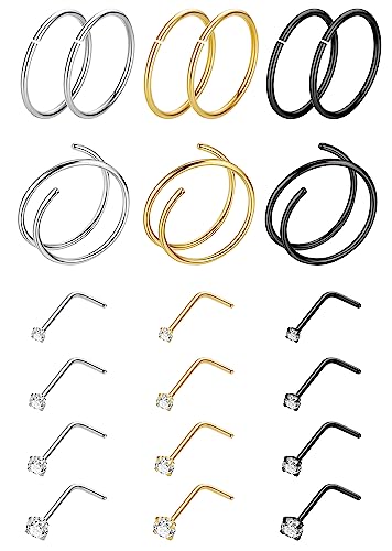 21PCS 18G 20G 22G 316L Stainless Steel Nose Rings Hoop for Women Men Double Nose Ring CZ Nose Stud Piercing Jewelry - color: 22G-Sliver+Gold+Black