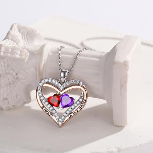 Heart Birthstone Necklace for Women 14K Rose Gold/White Gold Filled Overlapping Double Hearts Pendant Anniversary Valentine's Day Birthday Mother's Day Christmas Gifts for Wife Mom Daughter Her - color: 01-02-Jan-Feb Birthstone-A, style: Double-Layered Lo