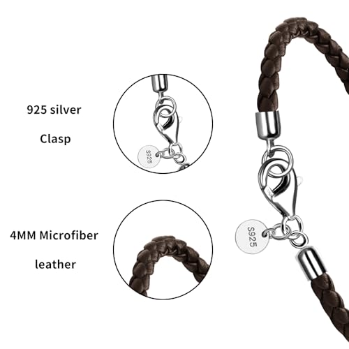 Leather Bracelet for Men Women 4MM Braided 925 silver Clasp 20/21/22cm with Jewelry Gift Box Handcrafted - color: Brown, size: 8.6''
