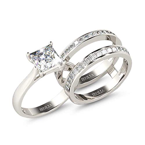 Jeulia 4.37 Carat Engraved Pricess Cut Cubic Zirconia Engagement Ring Diamond Wedding Bands for Women CZ Solitaire Sterling Silver Anniversary Bridal Promise Rings Set