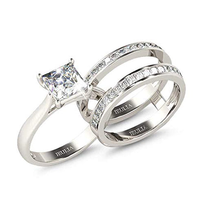 Jeulia 4.37 Carat Engraved Pricess Cut Cubic Zirconia Engagement Ring Diamond Wedding Bands for Women CZ Solitaire Sterling Silver Anniversary Bridal Promise Rings Set