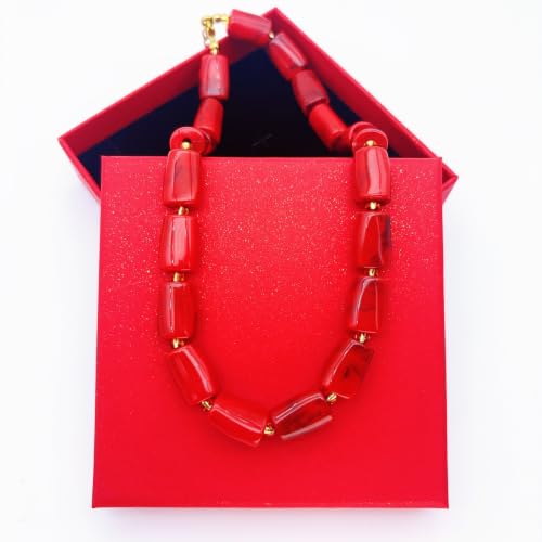 Red Beaded Necklace for Women Chunky Beaded Necklace Adjustable Acrylic Bead Choker Necklaces Big Statement Necklaces Jewelry Accessories - color: 17MMCylindricalBead