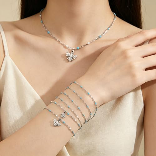 6 PCS Enamel Beaded Chains Bracelet Stainless Steel Link Bracelets | 6.7"+1.18", With Extender Chain, Fashion Jewelry Set, Gift For Women, Colorful, No Fade - color: Light Blue Silver