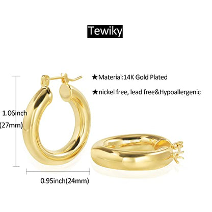 Chunky Gold Hoop Earrings for Women 14k Gold Plated Thick Triple Earrings | Hypoallergenic Trendy Chunky Gold Hoops Earrings,Dainty Jewelry Gifts for Women - style: simple hoop earrings