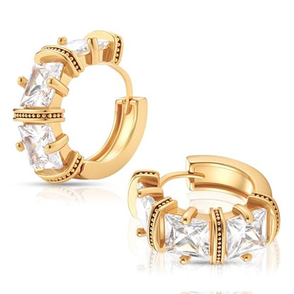 CZ Huggie Hoop Earrings for Women | Sparkly Cubic Zirconia, Small Hoop, Lightweight, Everyday Fashion Jewelry - color: Square CZ - Gold