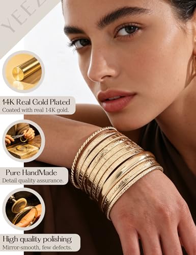 YEEZII Gold Bangle Bracelets for Women, 12 Pcs Indian Boho Stackable Set, Multi Layer Textured 14K Gold Plated Adjustable Bracelets Jewelry Set - color: GoldA-12Pcs