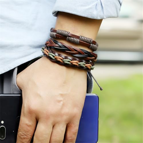 Leather Cuff Bracelet for Men Women, Multilayer Braided Wristband, Adjustable 6.5-9.5 Inches Wrap Bracelets Punk Gothic Grunge - color: Life Tree - 6Pcs