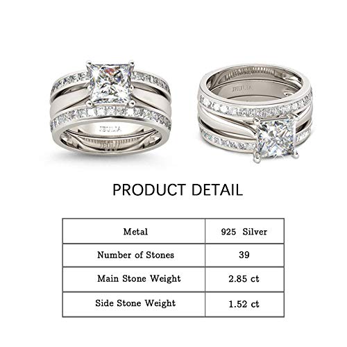 Jeulia 4.37 Carat Engraved Pricess Cut Cubic Zirconia Engagement Ring Diamond Wedding Bands for Women CZ Solitaire Sterling Silver Anniversary Bridal Promise Rings Set