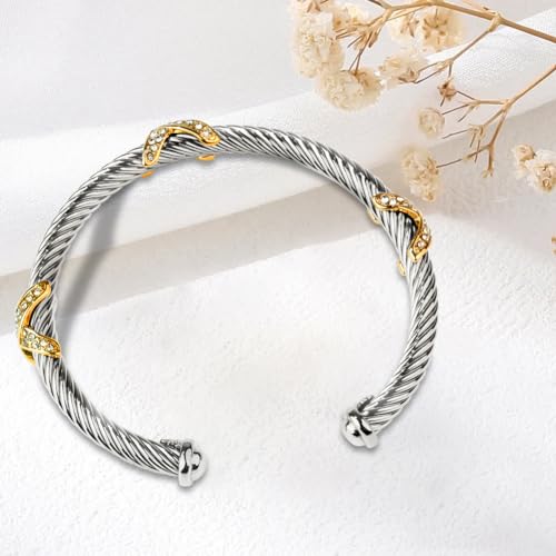 Twisted Cable Cuff Bracelets for Women 5mm Stainless Steel Cuff Bangle Bracelet Designer Inspired Jewelry Valentine Day Gift - color: C Silver & Gold