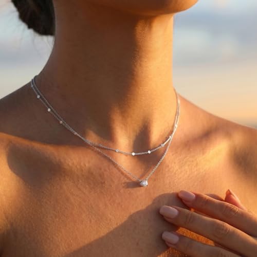 Layered Choker Necklace for Women Stackable Chain Dainty Zircon Pendant Set | 2PCS, Silver/14K Gold Plated, Box/Ball/Rope/Lip chain, Layering Diamond Cut CZ Pendant, Dainty Thin Chain, Trendy Prom Gift - color: Silver, style: Style 03