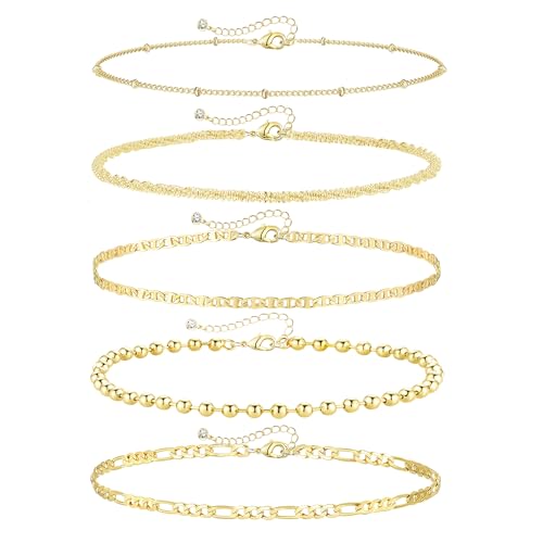 Gold Ankle Bracelets for Women,14k Gold Plated Anklets Waterproof Cuban Link Tennis Herringbone Beaded Chain Anklets Set Layered Anklet Bracelets for Women Adjustable Summer Beach Jewelry 5pcs - color: B:Gold mariner +figaro+ball+ bead+ shard