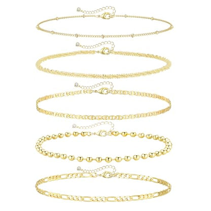 Gold Ankle Bracelets for Women,14k Gold Plated Anklets Waterproof Cuban Link Tennis Herringbone Beaded Chain Anklets Set Layered Anklet Bracelets for Women Adjustable Summer Beach Jewelry 5pcs - color: B:Gold mariner +figaro+ball+ bead+ shard