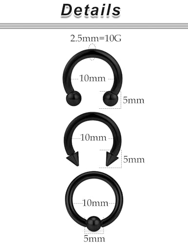 00G 0G 2G 4G 6G 8G 10G 12G 14G 16G Septum Rings Silver Black Surgical Steel Heavy Gauges Earrings Stretching kit Eyebrow Lip Septm Nose Rings Helix Tragus Daith Rook Earrings Hoops 10mm-19mm - color: Black, size: 10G(2.5mm)-Inner Dia:10mm