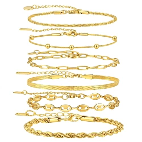 18K Gold Plated Necklace Bracelet Set Womens Stackable Adjustable Stainless Steel Minimalist Modern Everyday Jewelry Gift Gold and Silver - style: 6 Pcs Glod Bracelets