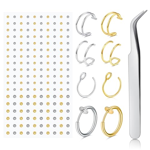 Fake Eyebrow Ring Fake Lip Labret Studs Replacement Balls Spike with 100pcs Sticker Non-Piercing Body Jewelry Fake Skin Piercing - color: C3 -Silver + Gold