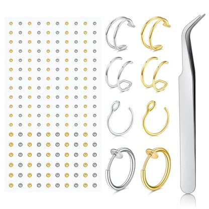 Fake Eyebrow Ring Fake Lip Labret Studs Replacement Balls Spike with 100pcs Sticker Non-Piercing Body Jewelry Fake Skin Piercing - color: C3 -Silver + Gold