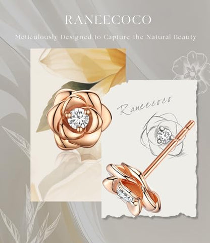 Gold Plated Sterling Silver Rose Flower Earring Studs, Hypoallergenic & Nickel Free Earrings for Women - color: Rose Gold Plated Silver, size: 12.5 Millimeters