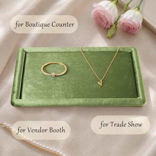 Velvet Jewelry Display Tray for Ring Earrings Necklace Bracelet Flat Tray - color: Olive Green, size: 12.99 × 9.06 in