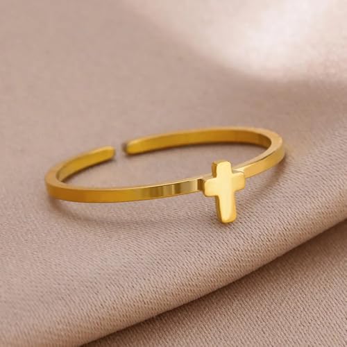 Sun and Moon Rings Stainless Steel Crescent Sun Rings for Women Gold Open Ring Middle Index Finger Jewelry Gift - color: F-Gold Cross