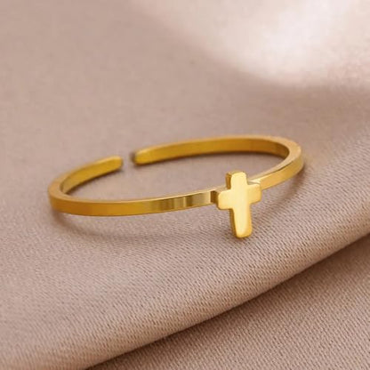 Sun and Moon Rings Stainless Steel Crescent Sun Rings for Women Gold Open Ring Middle Index Finger Jewelry Gift - color: F-Gold Cross