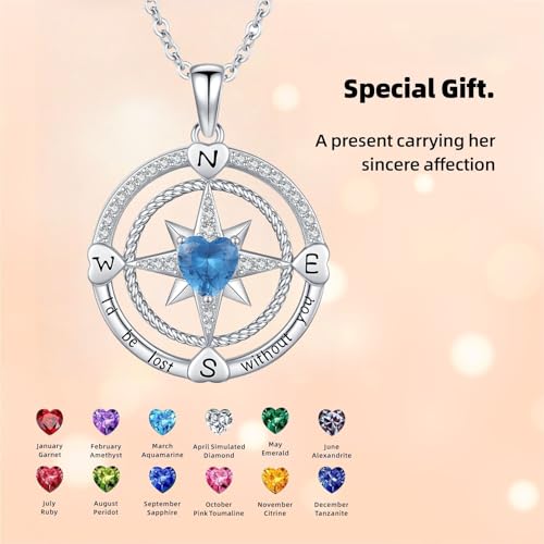 Compass Birthstone Necklace for Women S925 Sterling Silver with Cubic Zirconia - Birthday Jewelry gift for her, Girlfriend, Wife, Mom on Birthday, Anniversary - color: 12 - Blue Topaz