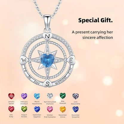 Compass Birthstone Necklace for Women S925 Sterling Silver with Cubic Zirconia - Birthday Jewelry gift for her, Girlfriend, Wife, Mom on Birthday, Anniversary - color: 12 - Blue Topaz