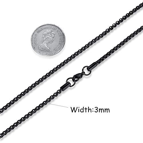 FOSIR Mens Womens Stainless Steel Black Rolo Cable Chain Necklace, Round Box Chains for Men, 2/3/4/5mm Width - size: 24.0 Inches long, style: 3mm wide-stainless steel